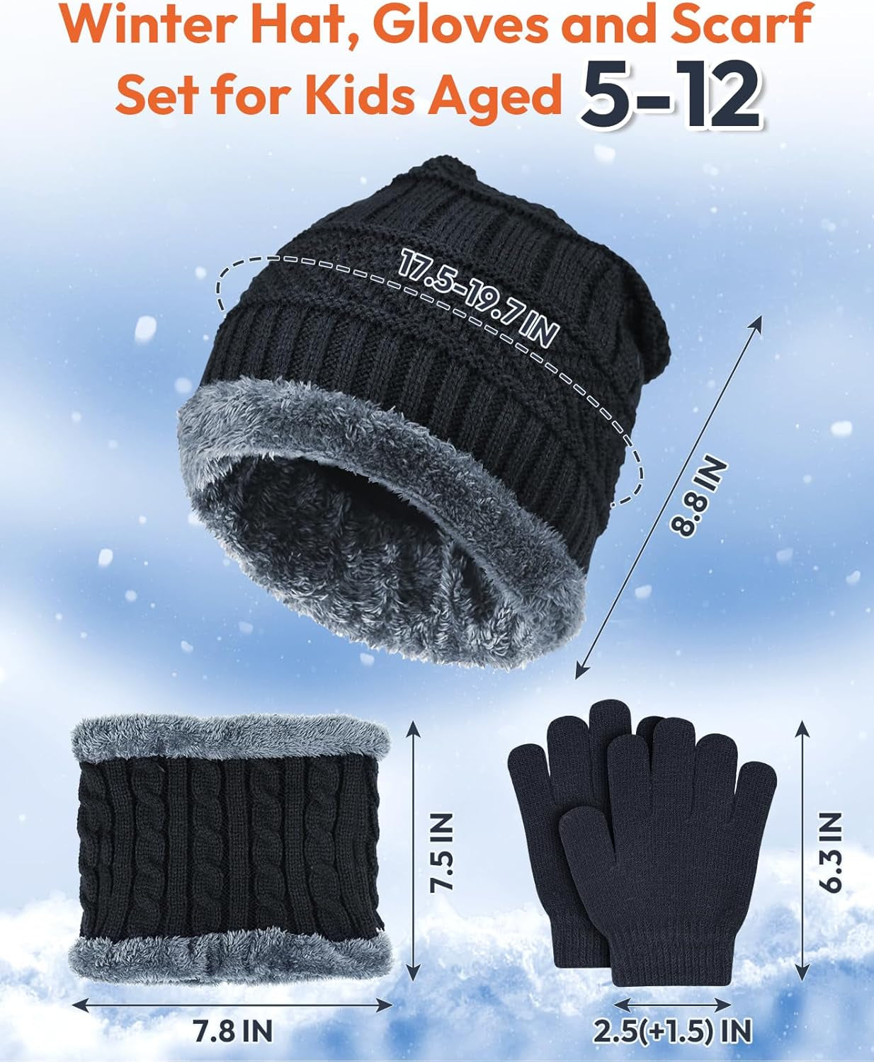 Kids Winter Hat Gloves Scarf Set, Knitted Toddler Beanie Cap, Mitten Gloves, and Neck Warmer for Boys Girls Aged 5-12