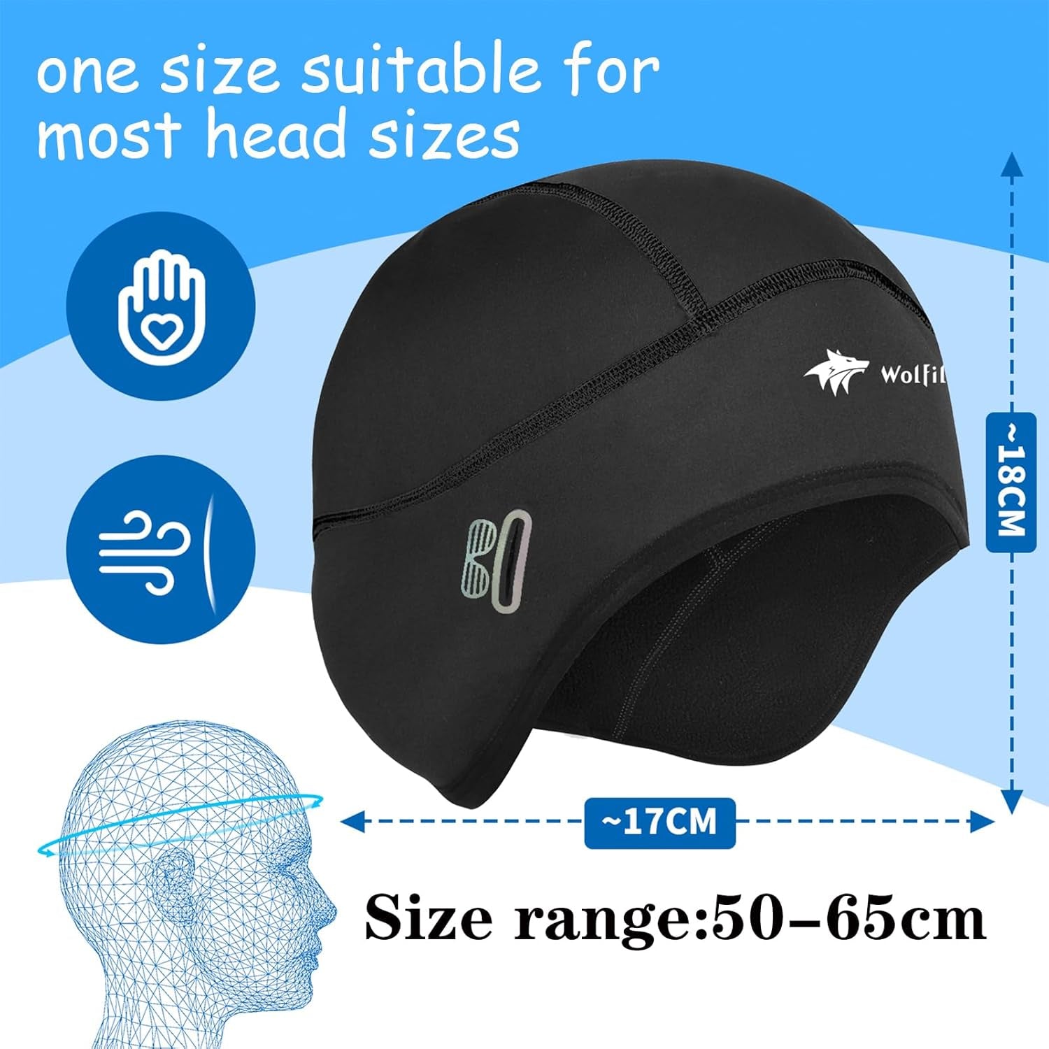 Skull Cap Helmet Liner for Men Women Hard Hat Liner Winter Cycling Cap under Helmet Thermal Fleece Beanie Black