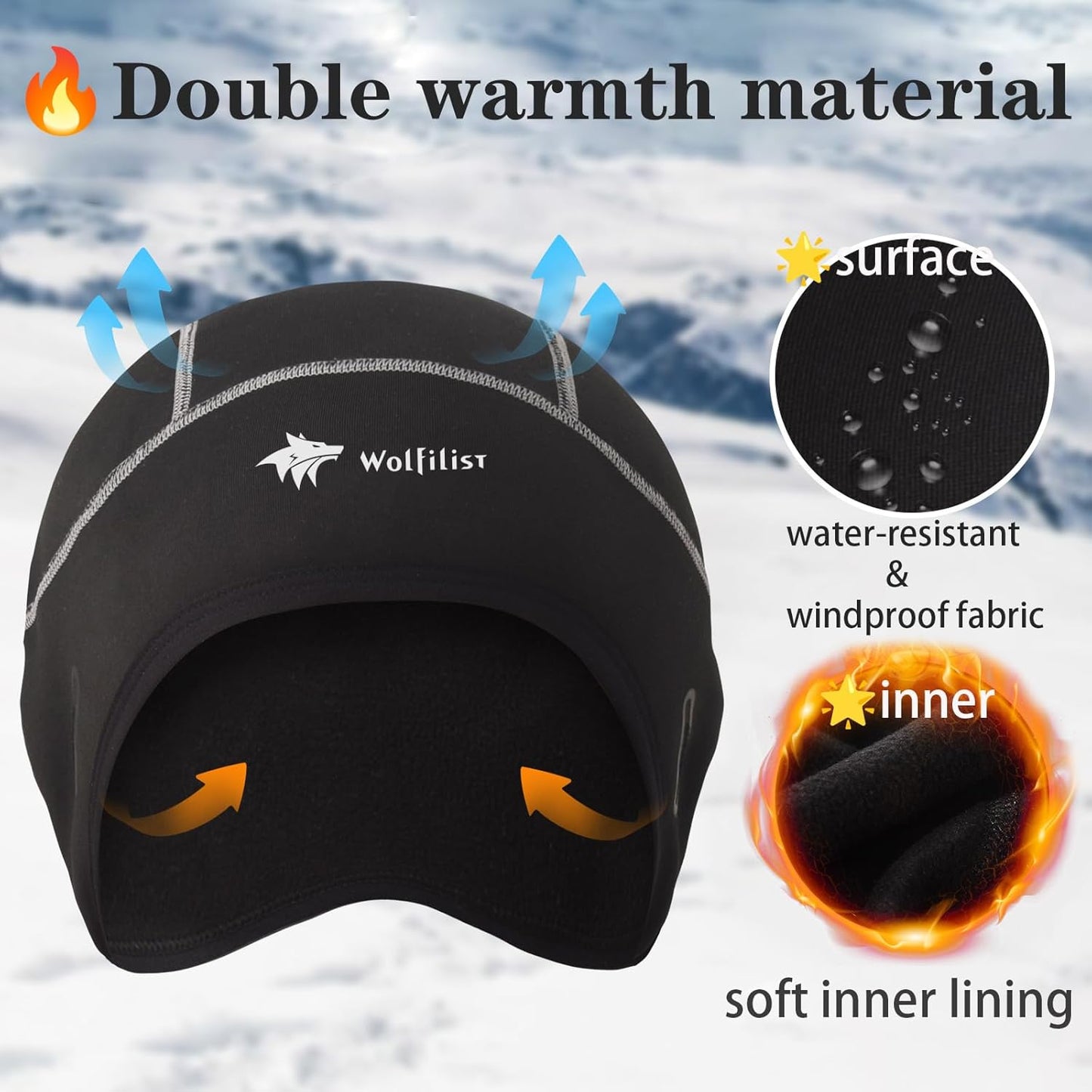 Skull Cap Helmet Liner for Men Women Hard Hat Liner Winter Cycling Cap under Helmet Thermal Fleece Beanie Black