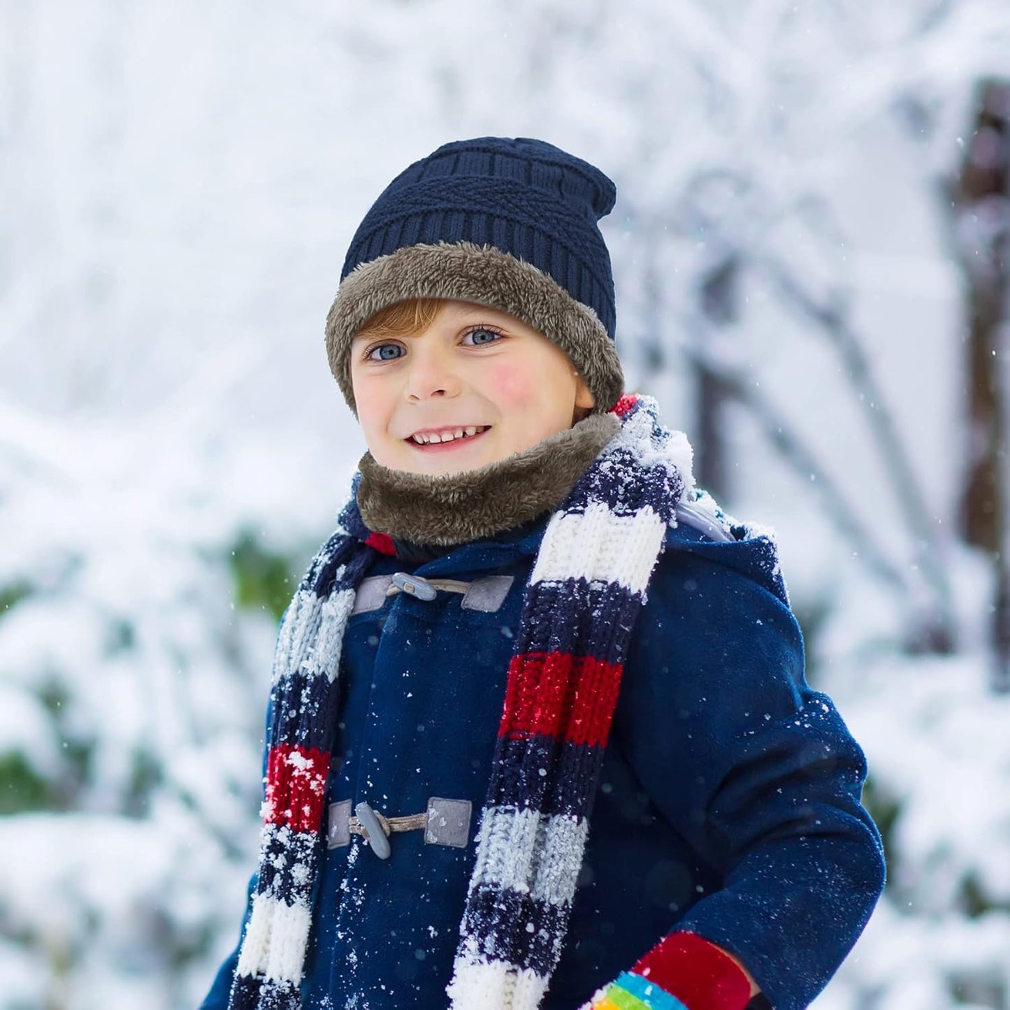 Kids Winter Hat Gloves Scarf Set, Knitted Toddler Beanie Cap, Mitten Gloves, and Neck Warmer for Boys Girls Aged 5-12